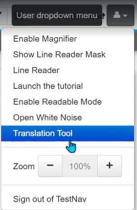 Translation tool highlighted in user dropdown menu.