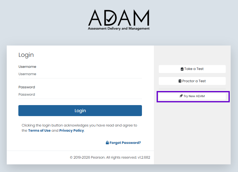 **ADAM login page with Try New ADAM option highlighted alongside test-taking and proctoring links.**