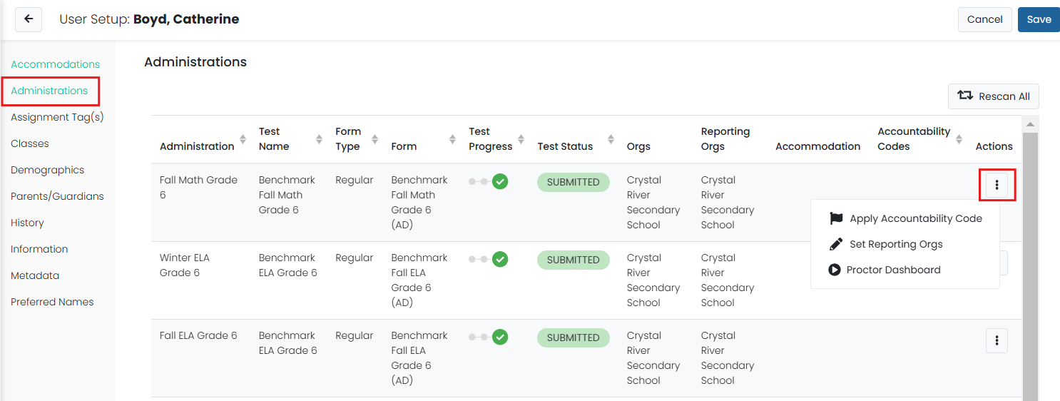 sample Administrations tab