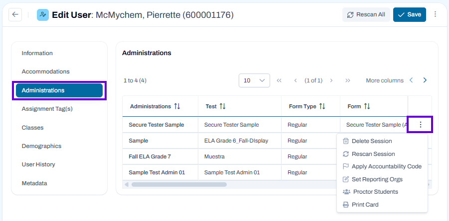 Administrations page selected for a user, showing assigned administrations and an open actions menu for a session.