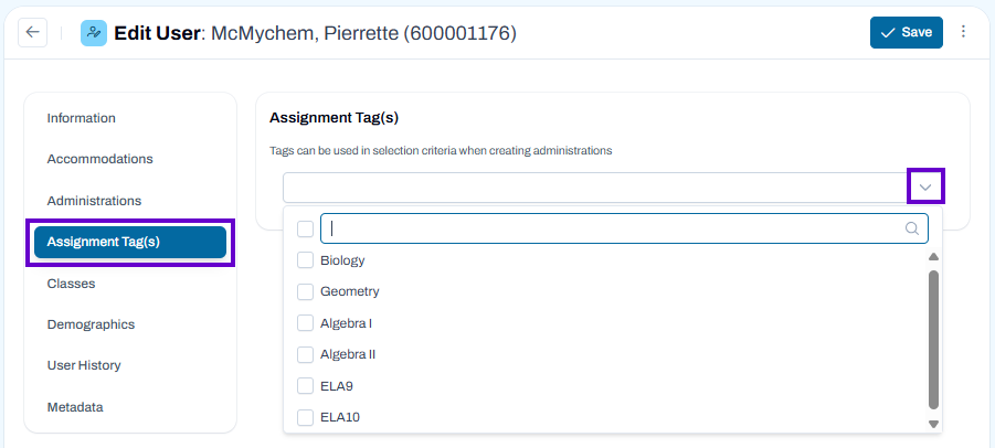 Assignment Tags page selected for a user, showing a dropdown to assign tags used for administration selection.