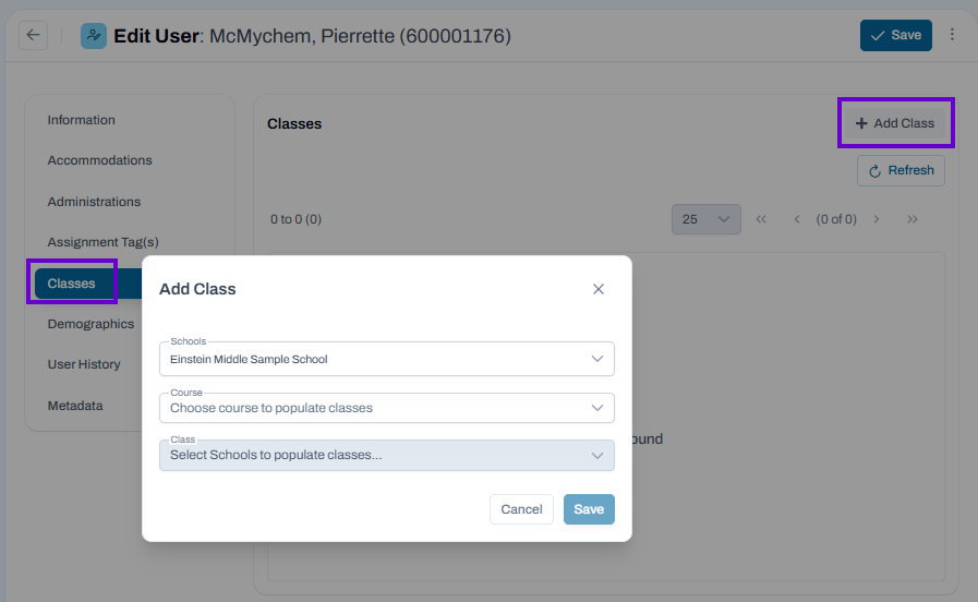 Classes page selected for a user, with Add Class dialog open for selecting a school, course, and class.