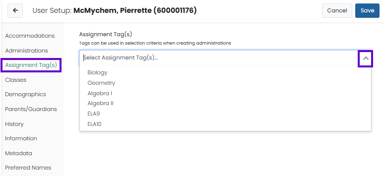Assignment Tags page selected for a user, showing a dropdown to assign tags used for administration selection.