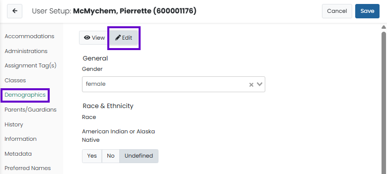 Demographics page in Edit mode, showing editable demographic fields and race, ethnicity, and program classifications.
