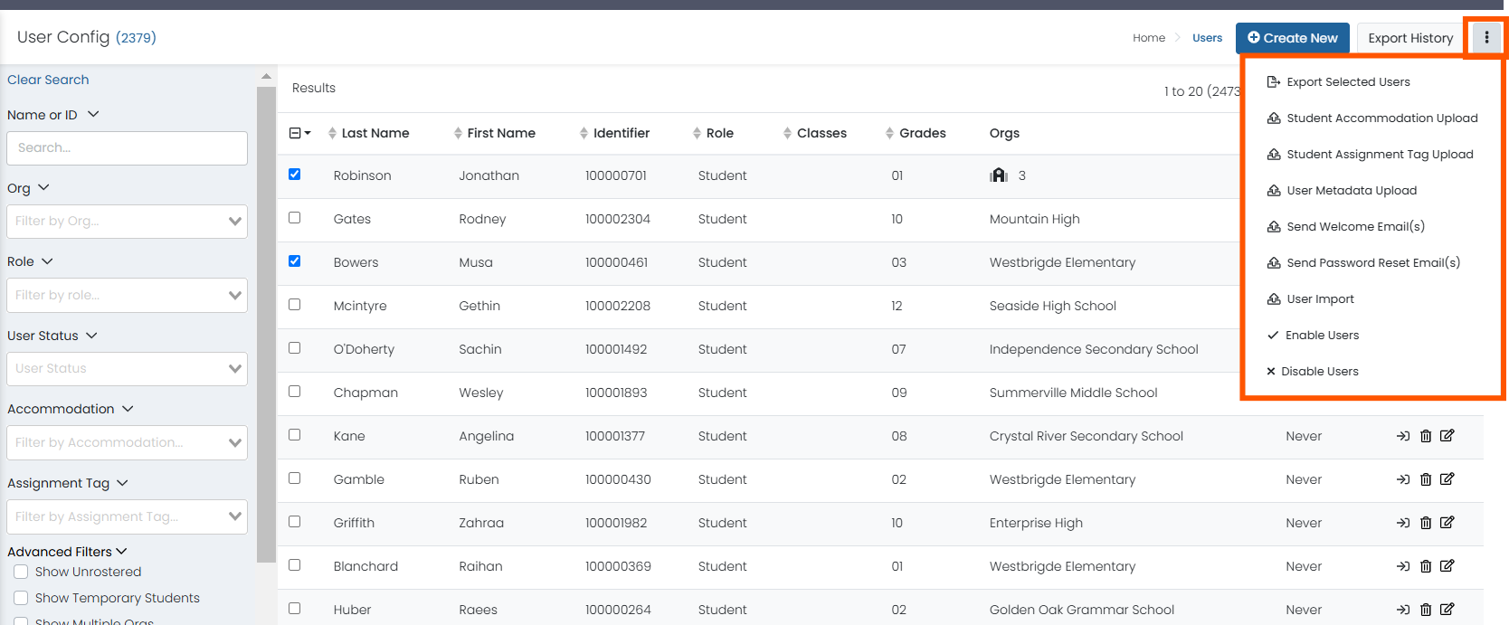 Screenshot of Student Search menu options