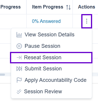 Reseat Session option highlighted in Actions dropdown menu.
