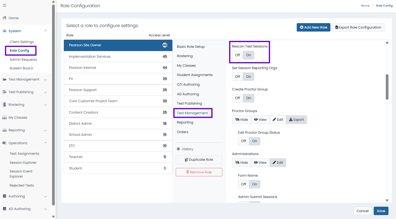 Rescan Test Sessions permissions toggle.