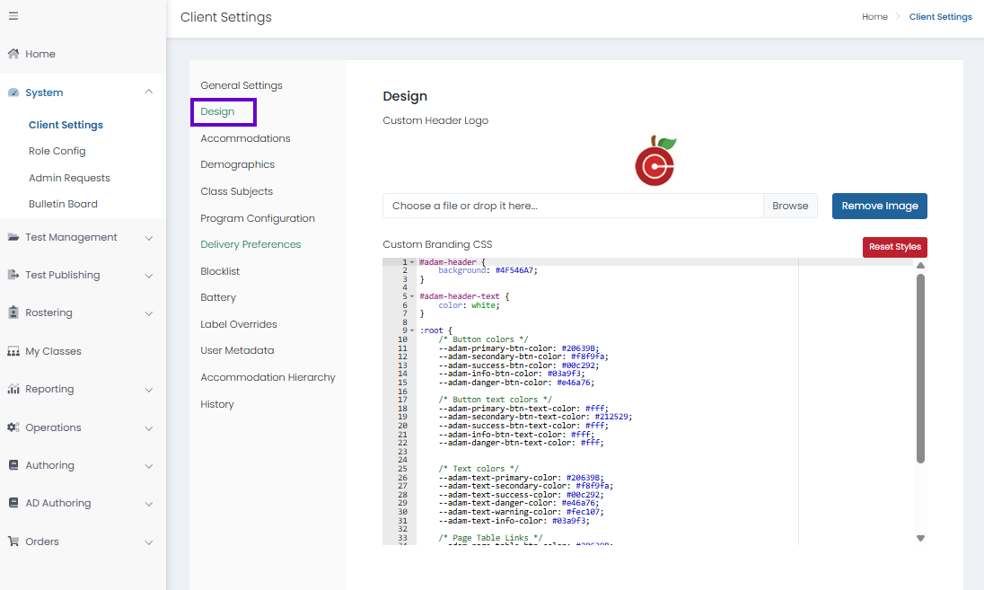 **Client Settings page with Design selected, showing branding options to manage logos and choose a theme color.**
