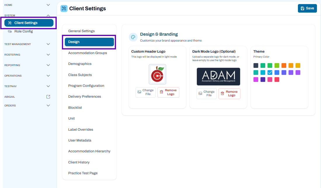 **Client Settings page with Design selected, showing branding options to manage logos and choose a theme color.**