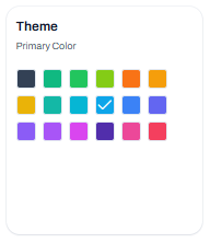 Theme settings with blue primary color selected from available color options for application branding.