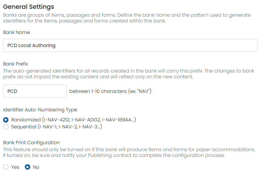 item bank general settings