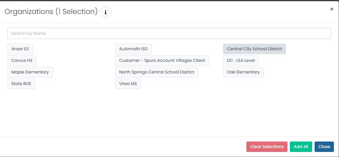 page listing orgs to add