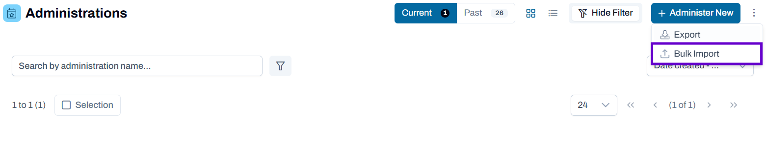 Bulk import option shown in action menu dropdown on Administrations page.