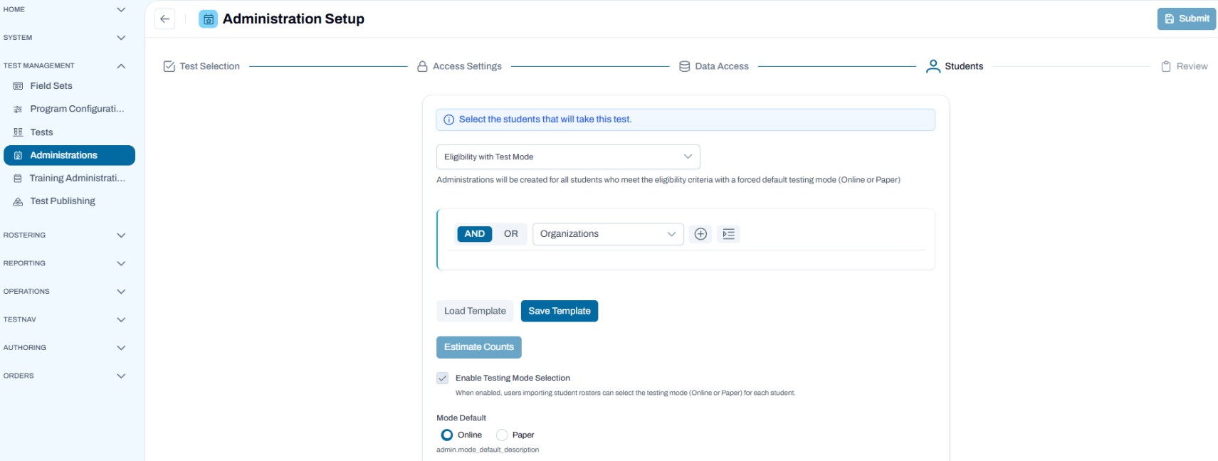 Sample Administration Setup page showing Eligibility with Test Mode configuration options.