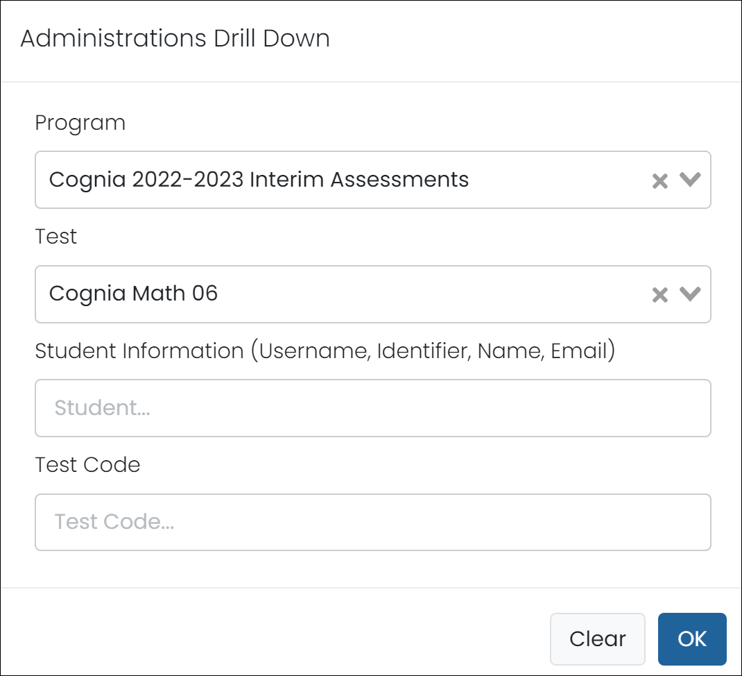 Administrations filter options