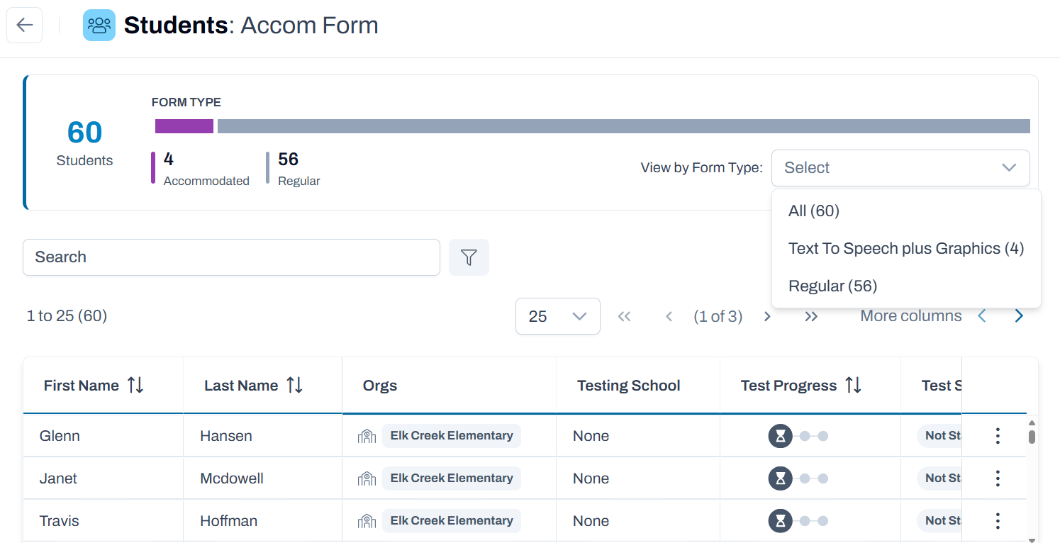 View Administration Card - ADAM Support - Pearson Assessment Support Student page showing View by Form Type selected.