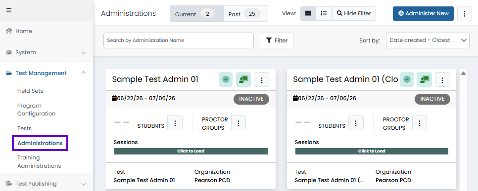 Administrations page showing current and past test administrations, with search, filters, and administration management options.