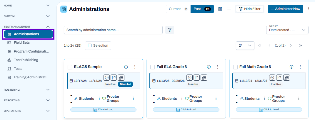 Administrations page showing current and past test administrations, with search, filters, and administration management options.
