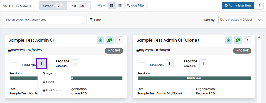 Administrations page with current administrations displayed and Students actions menu open for viewing, exporting, or printing cards.
