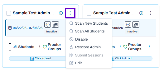 Administration actions menu open, showing options to scan students, disable, rescore, submit sessions, and edit administration.