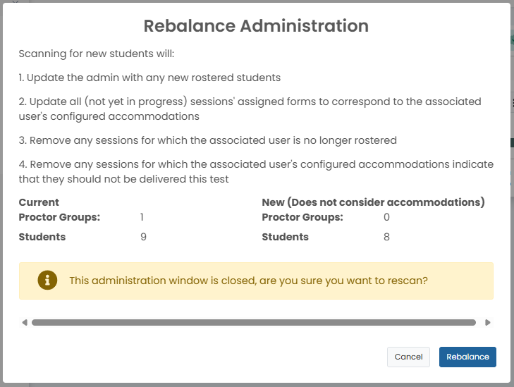 Rebalance Administration confirmation dialog showing roster update summary, closed-window warning, and Rebalance button.