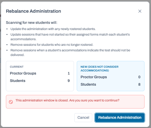 Rebalance Administration confirmation dialog showing roster update summary, closed-window warning, and Rebalance button.