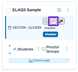 Administration card showing inactive test, roster change action highlighted, and student and proctor group management options.