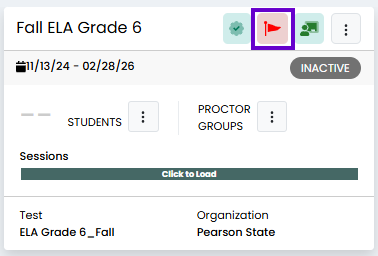Administration card showing inactive test, roster change action highlighted, and student and proctor group management options.