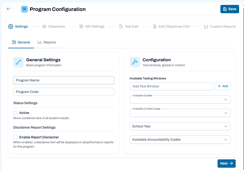 Program Configuration settings page with General tab active, fields editable, configuration panel shown, and Save and Next actions available.