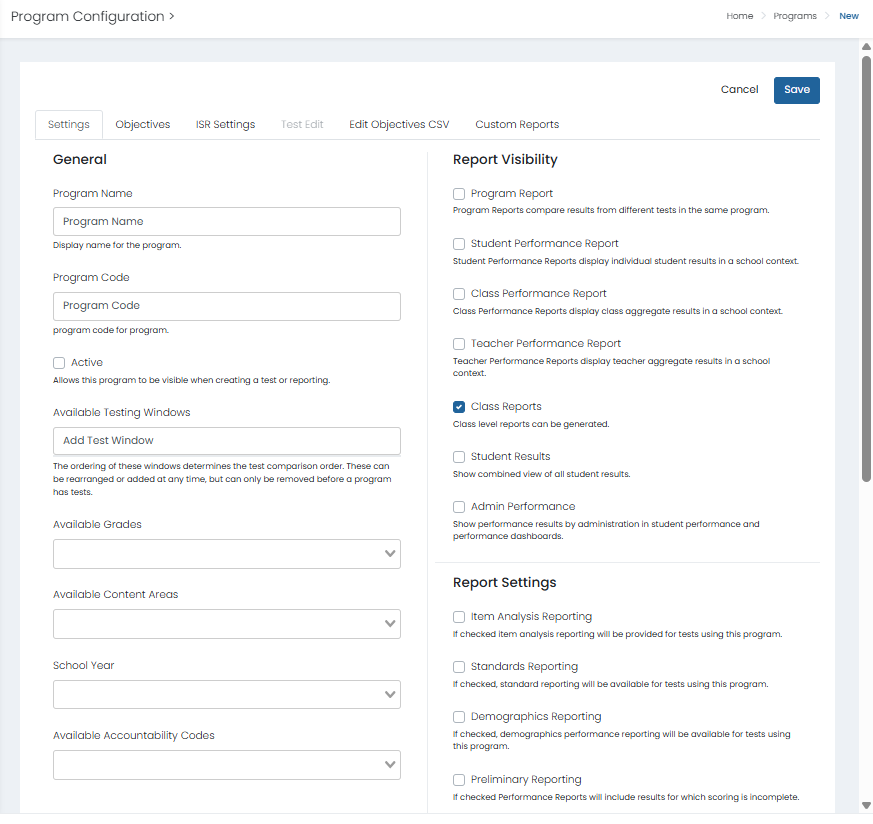 Program Configuration settings page with General tab active, fields editable, configuration panel shown, and Save and Next actions available.