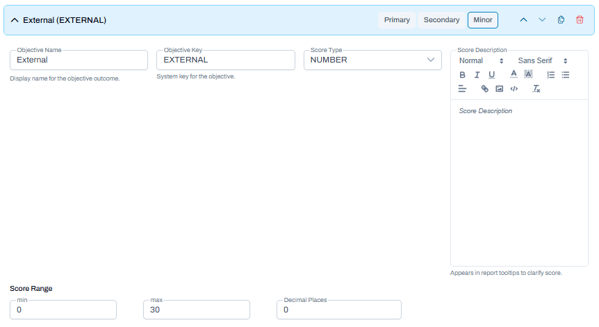 External objective expanded with score type selected, score range defined, and description editor available.