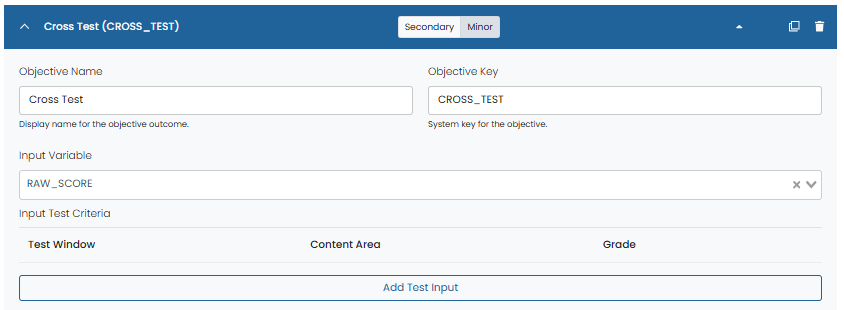 Cross Test objective expanded with input variable selected and empty test criteria table, allowing adding test input.