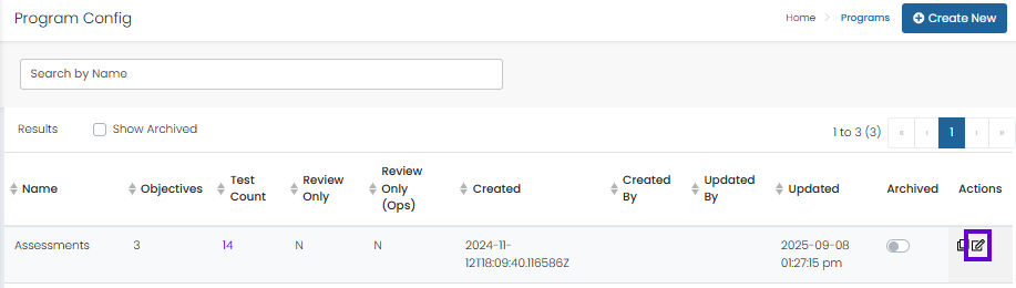 Program Configuration list with row actions menu open, showing Edit option for selected program.