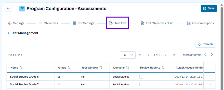Program Configuration Test Edit tab selected with test list shown, including grades, windows, and edit actions available.
