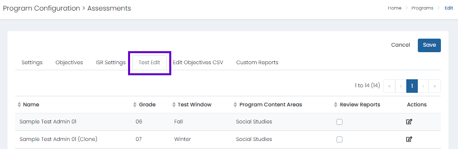 Program Configuration Test Edit tab selected with test list shown, including grades, windows, and edit actions available.