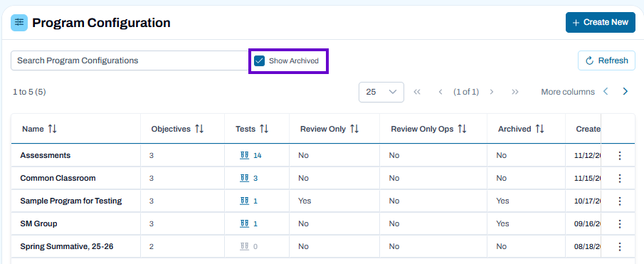 Program Configuration list with Show Archived checked, displaying active and archived programs in results table.