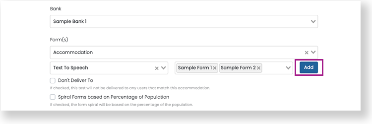 Test config page with Add button highlighted