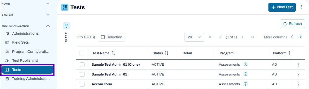 Tests page selected. View, filter, create, and manage tests from the test list.