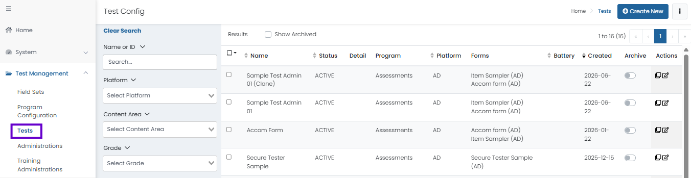 Tests page selected. View, filter, create, and manage tests from the test list.