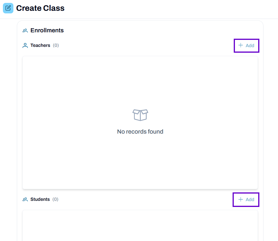 Enrollments area - add teachers and students.