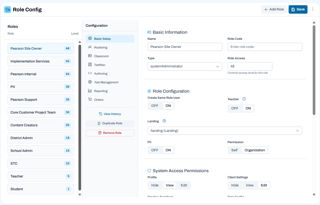 Role configuration page with selected role and settings panel open to edit access, permissions, and role options.