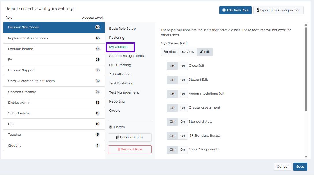 Role configuration page with selected role and classroom settings open to manage class assignments and student performance permissions.