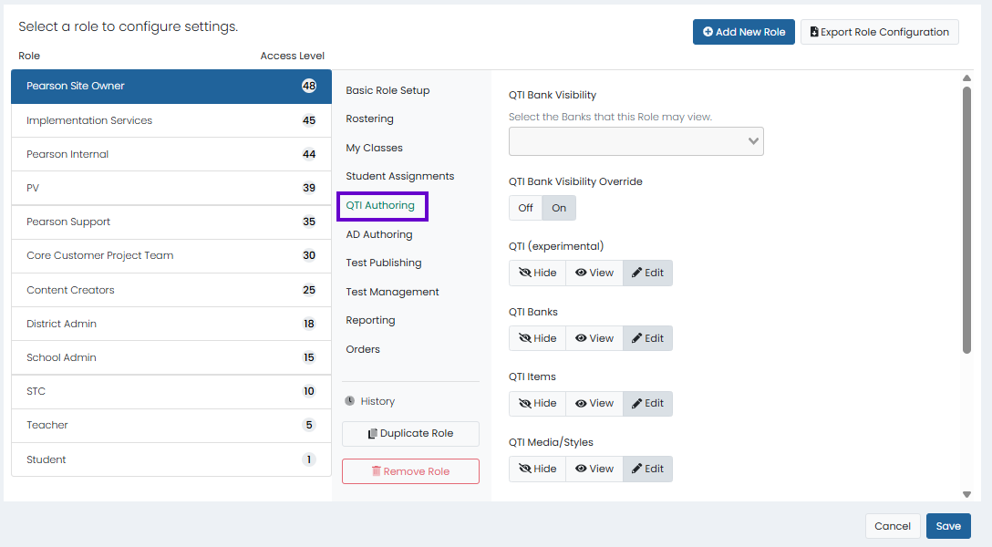 Role configuration page with selected role and TestNav settings open to manage item, bank, and authoring permissions.