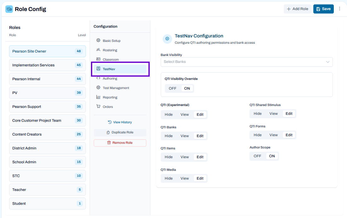 Role configuration page with selected role and TestNav settings open to manage item, bank, and authoring permissions.