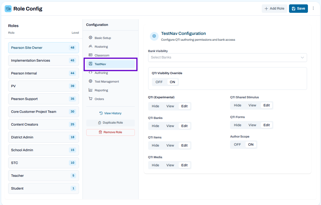 Role configuration page with selected role and TestNav settings open to manage bank visibility and authoring permissions.