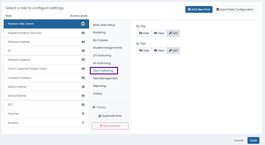 Role configuration page with selected role and Test Publishing settings open to manage access by organization and test.