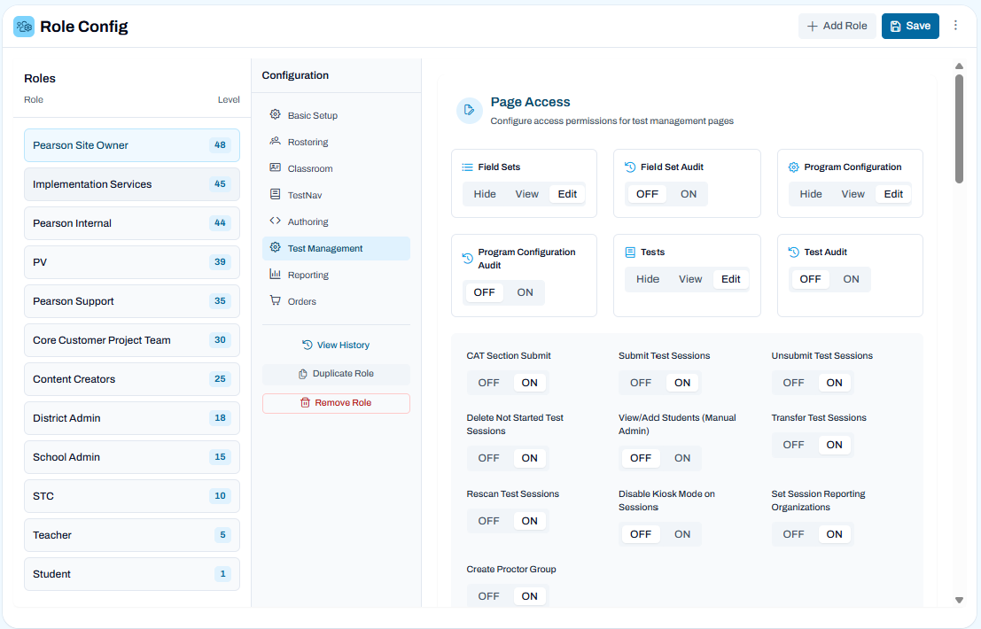 Role configuration page with selected role and test management settings open to manage page access and session permissions.