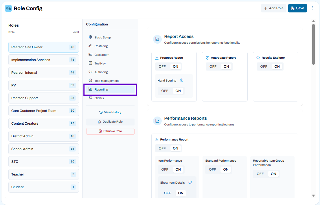 Role configuration page with Reporting selected and report permissions open to manage access, uploads, and data exports.