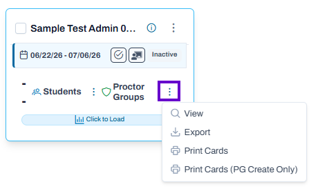 Administration card action menu open with options to view, export, or print cards for an inactive test administration.