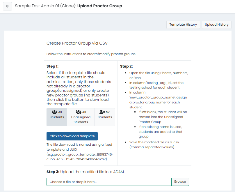 Upload Proctor Group page with Step 3 upload area for importing student-to-proctor group assignments using a CSV file.